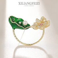 XILIANGFEIZI Trâm Cài Hoa Sen Đính Đá Zircon Ghim Lá Sen Sơn Men Phụ Kiện Quần Áo Cổ Điển Unisex