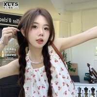 Xin LAN YA SHE Áo dây mùa hè sang trọng có in hình anh đào cho phụ nữ trẻ
