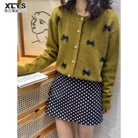 Xin LAN YA SHE Áo len Cardigan nữ Hàn Quốc nơ ngọc trai Nút cổ tròn