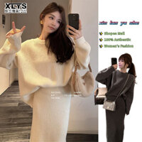 Xin LAN YA SHE Áo len chui đầu cổ tròn xẻ lưng phong cách hai mảnh dành cho nữ + váy xẻ bên