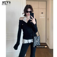 Xin LAN YA SHE Áo len lệch vai mới dành cho nữ Áo len cổ chữ V Hot Girl Áo len cổ chữ V