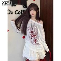 Xin LAN YA SHE Áo thun nữ dài tay in chữ Nơ cổ chữ U Áo bảo vệ chống nắng hàng đầu