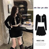 Xin LAN YA SHE Bộ đồ Chanel nữ Áo khoác Cardigan dệt kim ngắn Váy xếp ly Bộ hai mảnh