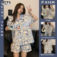 Xin LAN YA SHE Doremon Bộ Đồ Ngủ Nữ Hoạt Hình Mới In Hình Mỏng Ve Áo Cardigan Tay Ngắn Homewear Phù Hợp Với