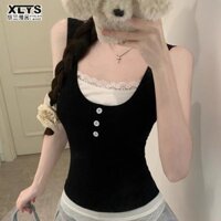 Xin LAN YA SHE Nữ Ren Camisole Màu Sắc Tương Phản Slim Fit Hot Girl Đáy Áo Sơ Mi Áo Khoác Ngoài