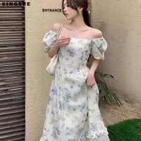 Xingyue Váy hoa màu xanh cao cấp và thanh lịch, váy phong cách nghỉ mát kiểu Pháp