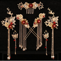 Xiuhe Quần Áo Mũ Hanfu Trang Phục Cổ Mũ Đội Đầu Cưới Trung Quốc Cô Dâu Tua Rua Đỏ Phụ Kiện Tóc Bộ Phụ Kiện 24.12.24