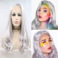 Xiweiya Wigs Heat Resistant Fiber Hair Side Part Body Wave Silver Grey Synthetic Lace Front Wigs for Women Makeup Christmas Cosplay Party Wig
