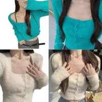 Xixi Nữ Tay Dài Lông Bodycon Crop Áo Len Cardigan Màu Trơn Cổ Vuông Nút Xuống Chặt Dệt Kim Crop To