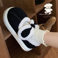 Xixitiao Phong Cách Mới Ngọt Nơ Nữ Lông Cừu Ấm Áp Đậu Hà Lan Giày Thu Đông Bên Ngoài Mặc Mary Jane Giày Cotton ins