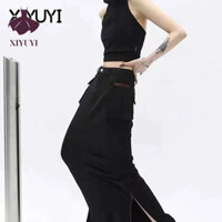 XIYUYI Áo Khoác Sát Nách Hở Lưng Có Túi Màu Đen Thời Trang Cao Cấp Dễ Phối Đồ Phong Cách Nước Ngoài