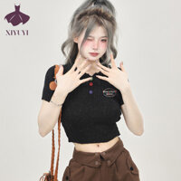 Xiyuyi Áo ngắn tay nữ cổ polo nhiều màu sắc chấm áo len dệt kim ngắn thiết kế thích hợp vai phải áo thun ngắn tay mùa hè phong cách mới