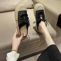 Xô Giày Rỗng Phong Cách Chanel Ren Nơ Dệt Kim Dép Slip On Nửa Dép Nữ