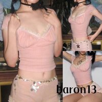 Xo8k-áo Thun crop Top Tay Ngắn Cổ Khoét Sâu Viền Ren Ôm Dáng Gợi Cảm Cho Nữ