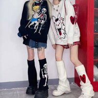 Xu Gothic Punk Chân Ấm Áp Nữ Nhật Bản Halloween Cho Trái Tim Chéo Skeleot Dệt Kim Đầu Gối Tất Boot Còng Chân Có