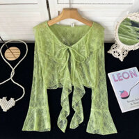Xù Ren Ngắn Ren Chống Nắng Cardigan Nữ Mỏng Phong Cách loe Dài Tay Voan Áo Khoác Khăn Choàng Top