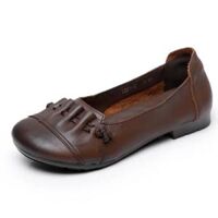 Xuân Hè 2024 Mềm Da Giày Slip-On Mũi Tròn Nữ Đế Bằng Mềm Dép Mẹ Đáy Thời Trang Thoải Mái Giày Thoải Mái