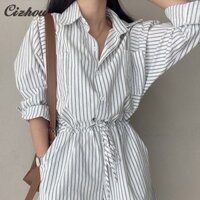Xuân Hè Phong Cách Hàn Quốc Tính Khí Mới Sọc Hoang Dã Dây Rút Giảm Béo Áo liền quần Thường Ngày