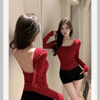 Xuân Thu Màu Trơn Mỏng Gợi Cảm Dây Đeo Lưng Ngực Đệm Cotton Dài Tay Áo Thun Thời Trang Đơn Giản Hottie Top