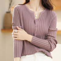 Xuân Thu Mới Tối Giản Áo Khoác Cardigan Nữ Cổ Tròn Áo Len Cashmere Nữ Dệt Kim Đế Áo Len