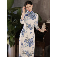 Xuân Thu Phong Cách Mới Hualuo Sườn Xám Đầm Ba Phần Tư Tay Dài Xanh Trắng Sứ Đôi Sườn Xám 1038