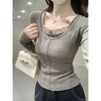 Xuân Thu Ren Edge Suspender Giả Hai Mảnh Xám Dài Tay Áo Thun Slim-Fit Đáy Áo Sơ Mi
