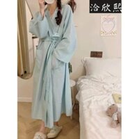Xuwenjian 25 Sản phẩm mới Tóc thẳng [Bộ sưu tập người 951] Influencer Nhật Bản Kimono cao cấp ins Bộ đồ ngủ sọc dài Bộ đồ ngủ nữ Xuân thu Đồ mặc nhà Áo choàng tắm buộc dây