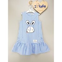 XV0055-A4 - Váy bé gái, vải thô, kẻ carô, thêu thỏ, màu xanh nhạt hiệu ilovekids, size nhỡ 8t-12t, ri5 - Hàng Made In VN