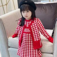 Xvtd Dior High-End Children's Clothing New Year Hot Sale Set Princess Dress Two-Piece Set Female Baby Outer Wear Long Sleeve Knitted Houndstooth Dress