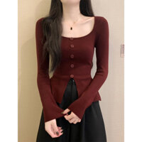 Xyj Phong Cách Đơn Giản Đỏ Cổ Vuông Dài Tay Áo Len Nữ Mùa Thu Slit Slim-Fit Bên Trong Đáy Top