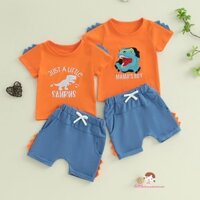 Xzq-boys Mùa Hè 2 Bộ Quần Áo Tay Ngắn Cổ Tròn Chữ Khủng Long Thêu Áo Và Quần Short Màu Trơn Bộ