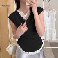 Y2e2noa Thời Trang Slim Fit Ren Khâu Co Giãn Dệt Kim Áo Thun Nữ HOT