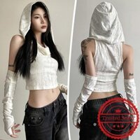 Y2k Top Nữ Gothic Quần Áo Rách Lạnh Vai Dài Quần Áo Tay 2000 Có Mũ Trùm Đầu T O6k9