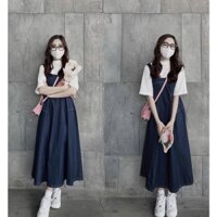 [Y634] YẾM VÁY JEANS XOÈ VIỀN CHỈ metwo.dearu - Váy bò denim 2 dây bản to QC dáng dài xòe rộng chun lưng co giãn vintage