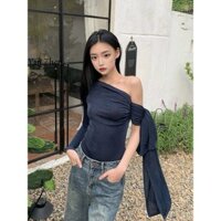 Yan Zhen Douyin cùng phong cách thiết kế ngôi sao ruy băng lệch vai xu hướng thời trang áo thun dài tay gợi cảm dành cho nữ miễn phí vận chuyển