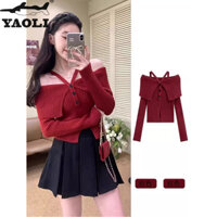 Yao LI Áo len một vai nữ Hàn Quốc quây ngắn đáy áo len dệt kim treo cổ