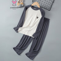 【YAOEENH】100-180cm Bé Trai Bé Gái Màu Kẹo Khâu Tay Điều Hòa Không Khí Quần Áo Gia Đình Mùa Hè Trung Lớn Trẻ Em Quần Dài Tay Bộ Đồ Ngủ Hai Mảnh Hàng Sẵn Có Vận Chuyển Nhanh