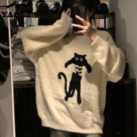 Yaoli Áo Len Lông Xù Chui Đầu Tay Dài Dáng Rộng Hình Mèo Thời Trang Thu Đông Dành Cho Bạn Nữ