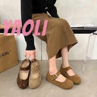 YAOLI Giày Nữ Da Lộn Mary Jane Giày Đế Bằng Thiết Kế Dây Đeo Thoải Mái Giày Đế Bằng