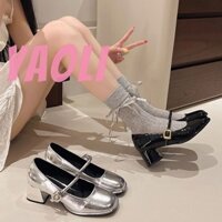 YAOLI Giày Nữ Khóa Kim Loại Đế Cao Su Bạc Mary Jane Giày