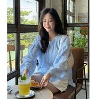 YaWe_Áo sơ mi kiểu nữ, Áo sơ mi kiểu babydoll tay dài chất kate sọc mát phối nhún vai và tay dễ thương xinh xắn- A367