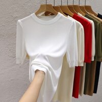 YAYUAN Áo Thun Cổ Tròn Nữ Phong Cách Mới Tính Khí Puff Tay Đan Áo Len Tay Ngắn Đáy Áo Sơ Mi