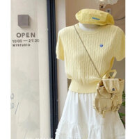 YAYUAN Vòng cổ ngắn tay áo len nữ màu vàng