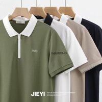 Yazhiniao Nam ngắn tay phong cách Hàn Quốc đơn giản màu tương phản nửa-zip thoáng khí kẻ sọc retro thêu áo thun mỏng