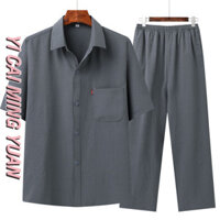 Yc.my nam ngắn tay + quần dài cơ bản hàng ngày dành cho nam trung niên và người già bộ đồ mỏng rộng rãi và thoải mái