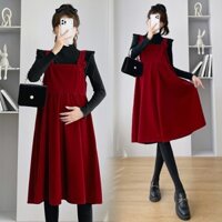 Yếm bầu mùa đông sát nách đầm bầu thu đông công sở chất nhung freesize dưới 70kg