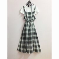 Yếm đầm linen sọc caro cột rút dây