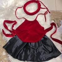 Yếm đào bé gái, chất liệu nhung, chân váy satin kèm mấn