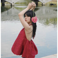 Yếm đỏ vải gấm buộc dây mặc Tết may 2 lớp yoirery