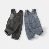 Yếm jean cho bé gái bé trai quần bò mềm đẹp quần hai dây dáng ngắn trẻ em denim cổ điển phối túi Hàn Quốc